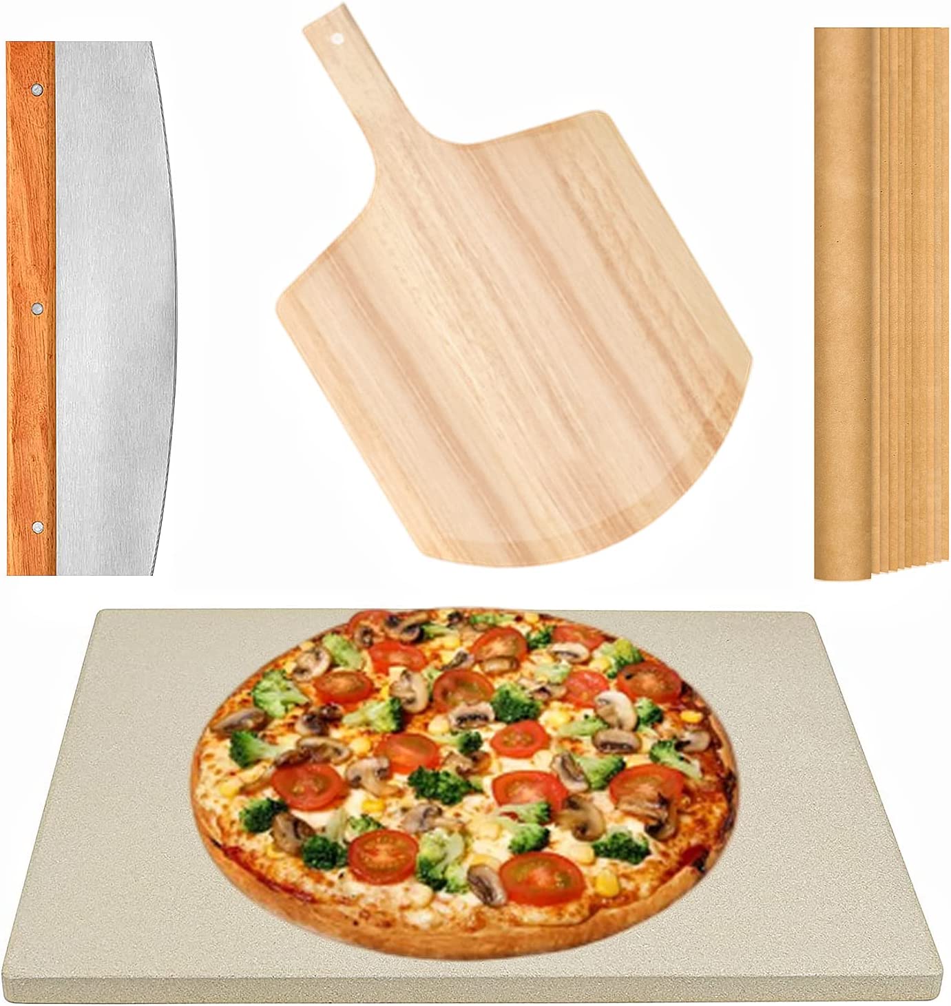 4 PCS Rectangle Pizza Stone Set, 15" Large Pizza Stone for Oven and Grill with Pizza Peel(OAK), Pizza Cutter & 10pcs Cooking Paper for Free