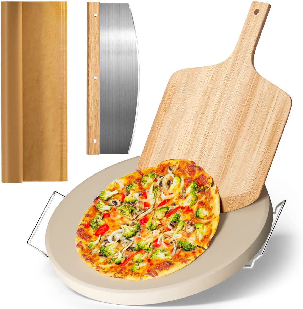 5 PCS Large Pizza Stone Set,Heavy Duty 16" Pizza Stone for Oven and Grill with Handle Rack,Pizza Peel(OAK), Pizza Cutter Rocker & Cooking Paper,Large Baking Stone for Pizza, Bread