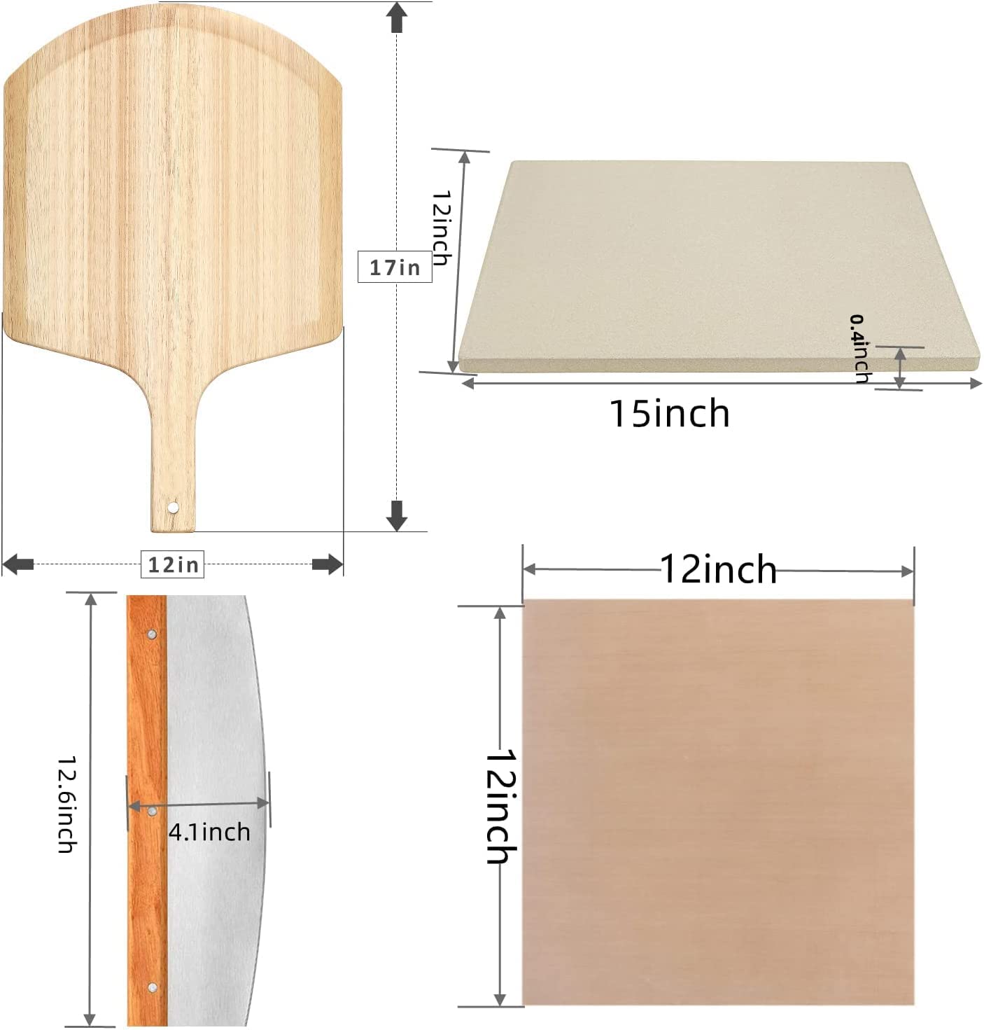 4 PCS Rectangle Pizza Stone Set, 15" Large Pizza Stone for Oven and Grill with Pizza Peel(OAK), Pizza Cutter & 10pcs Cooking Paper for Free