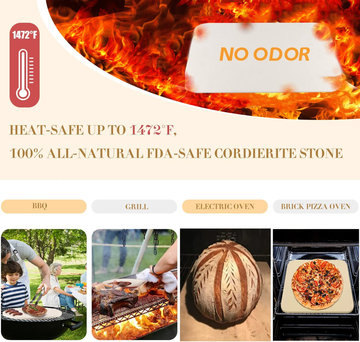 4 PCS Rectangle Pizza Stone Set, 15" Large Pizza Stone for Oven and Grill with Pizza Peel(OAK), Pizza Cutter & 10pcs Cooking Paper for Free