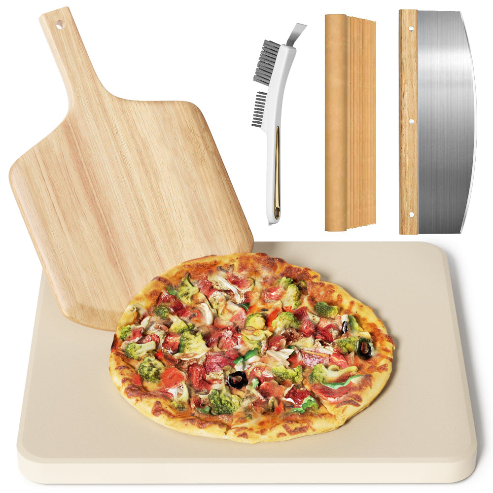 5 PCS Rectangle Pizza Stone Set, 16"Large Pizza Stone for Oven and Grill with Pizza Peel(OAK), Pizza Stone Brush,Pizza Cutter & 10pcs Cooking Paper for Free, Baking Stone for Pizza, Bread,BBQ