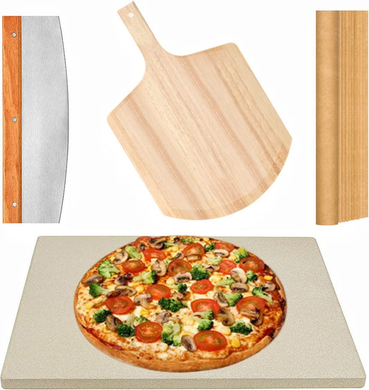 4 PCS Rectangle Pizza Stone Set, 15" Large Pizza Stone for Oven and Grill with Pizza Peel(OAK), Pizza Cutter & 10pcs Cooking Paper for Free