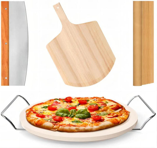 5 PCS Round Pizza Stone Set, 13" Pizza Stone for Oven and Grill with Pizza Peel(OAK),Serving Rack, Pizza Cutter & 10pcs Cooking Paper for Free, Baking Stone for Pizza, Bread