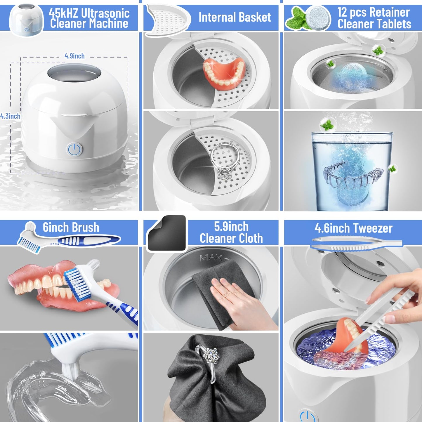 Ultrasonic Retainer Cleaner machine with Tablets and Brush Kit-UV Sonic Cleaner for Retainers Jewelry and All Dental Appliances