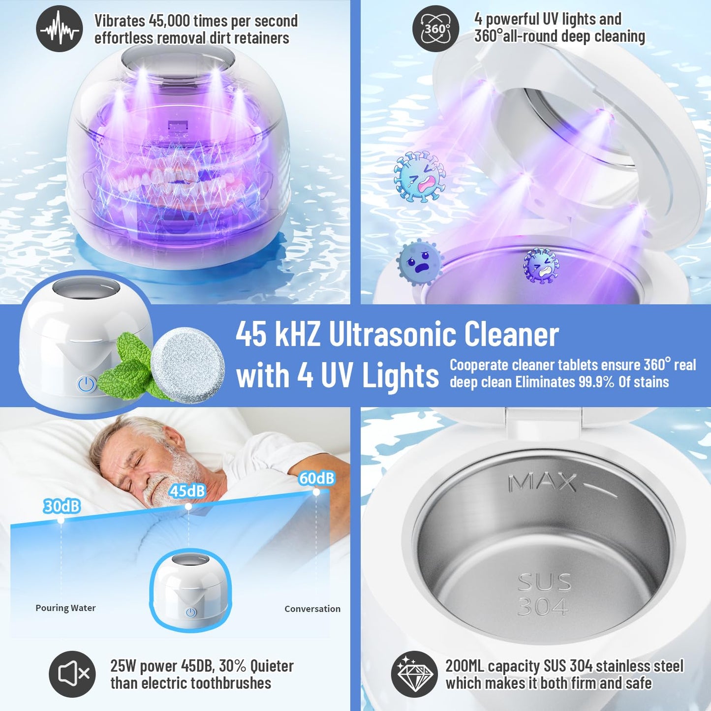 Ultrasonic Retainer Cleaner machine with Tablets and Brush Kit-UV Sonic Cleaner for Retainers Jewelry and All Dental Appliances