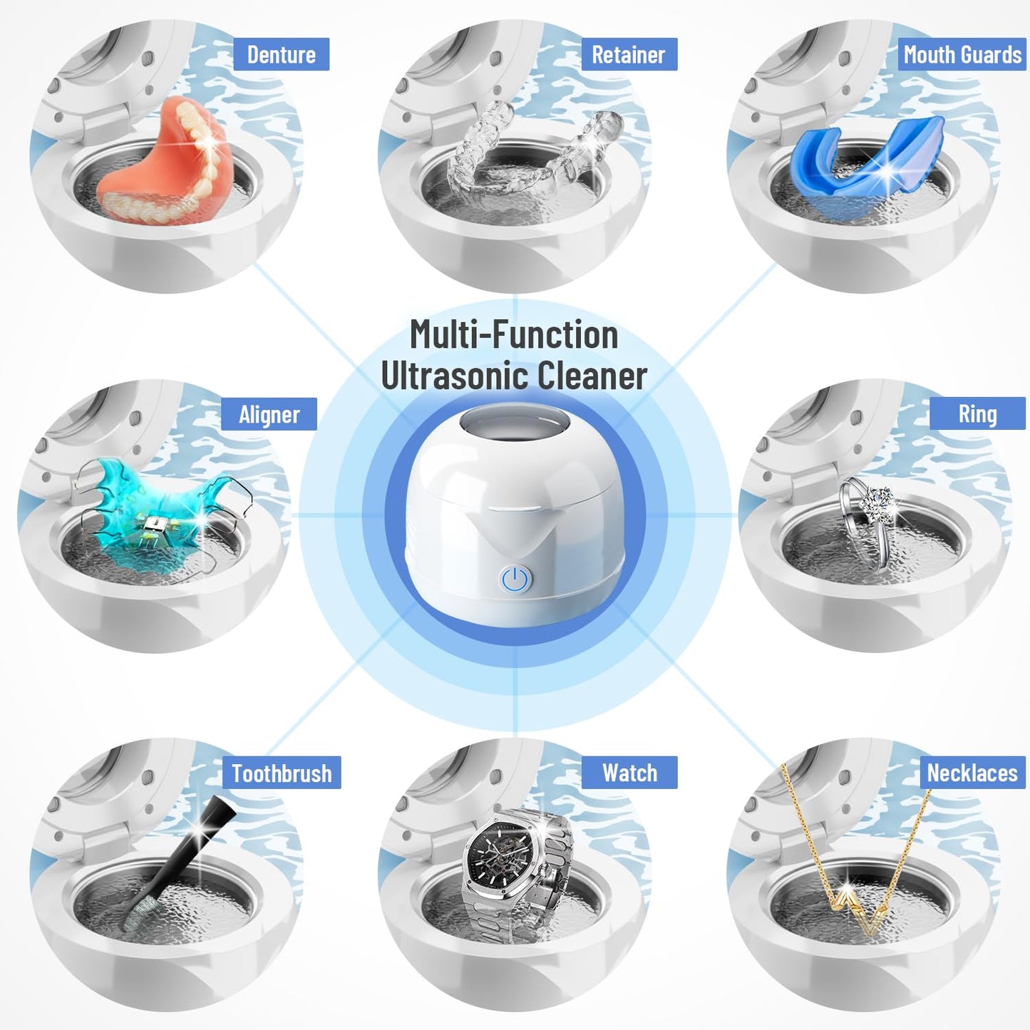 Ultrasonic Retainer Cleaner machine with Tablets and Brush Kit-UV Sonic Cleaner for Retainers Jewelry and All Dental Appliances