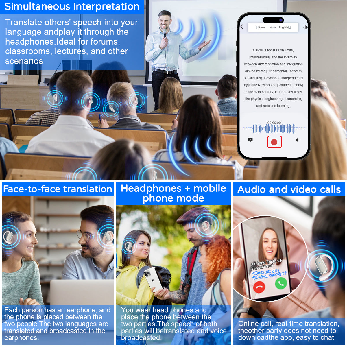 AI Real-Time Translation Earbuds-3-in-1 Wireless Bluetooth Translation Headphones for 144 Languages & Accents,Compatible with iOS & Android, Translation Device for Travel, Business, Learning (Pink)